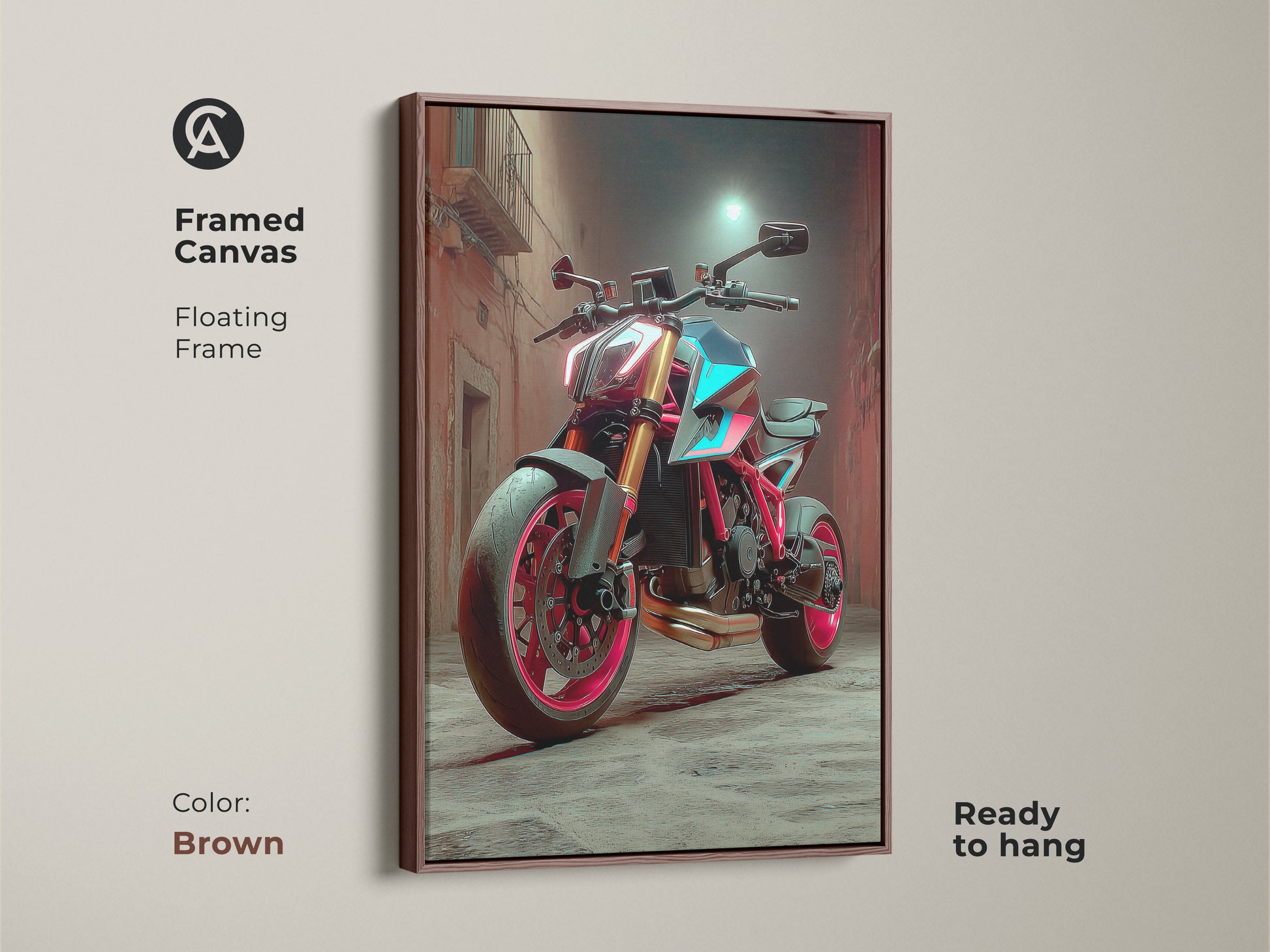 This Framed Canvas displays a Cyberpunk Motorcycle with a brown floating frame. The modern vehicle art print is ready to hang. The red pink and teal colors of the neon street art create an edgy wall art decor.