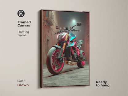 This Framed Canvas displays a Cyberpunk Motorcycle with a brown floating frame. The modern vehicle art print is ready to hang. The red pink and teal colors of the neon street art create an edgy wall art decor.
