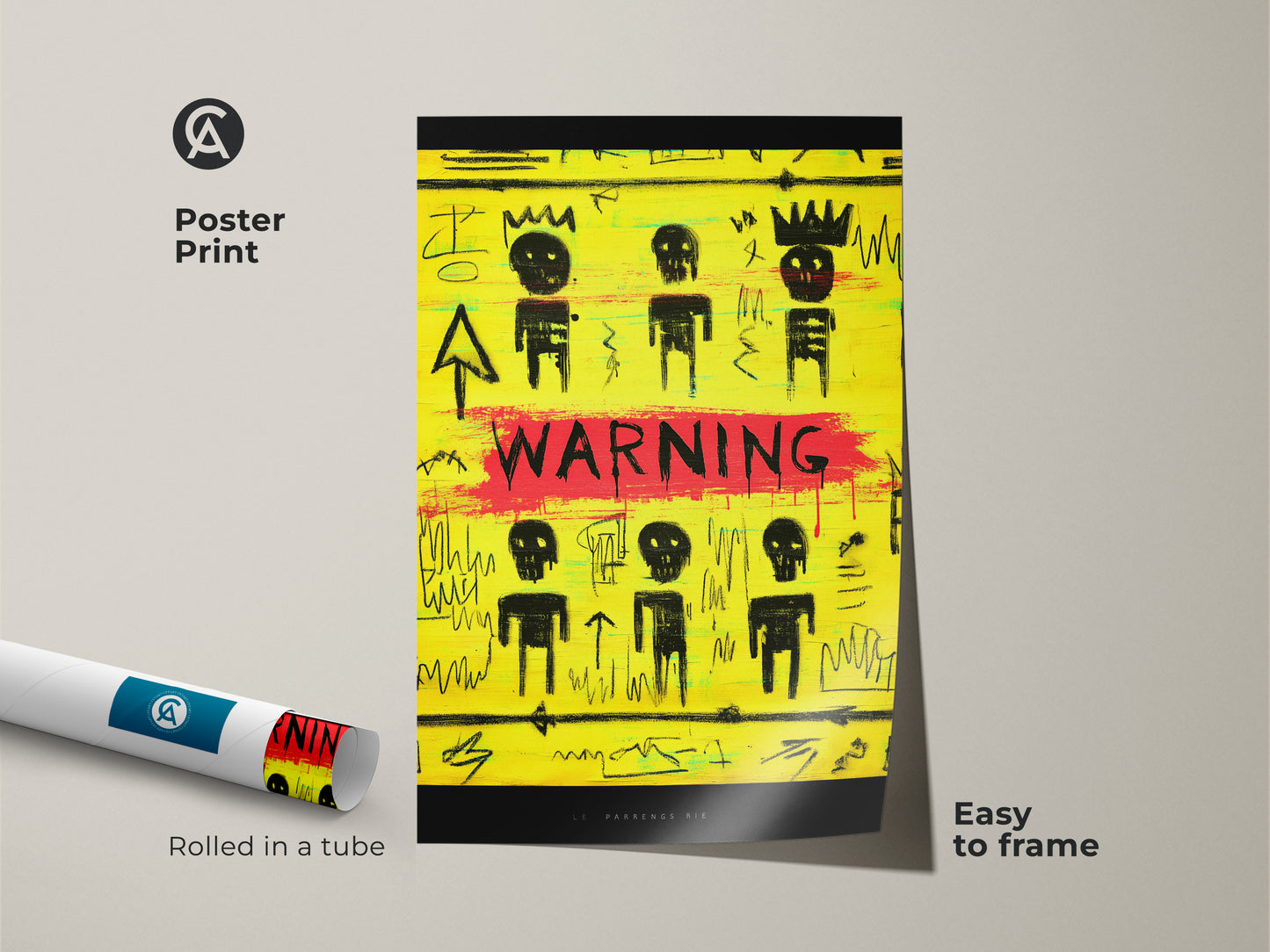 Poster print of abstract yellow black graffiti art. This neo-expressionism canvas features stick figure art. Rolled in a tube and easy to frame. It's a unique birthday gift idea for art enthusiasts. The warning sign art print adds a raw aesthetic.