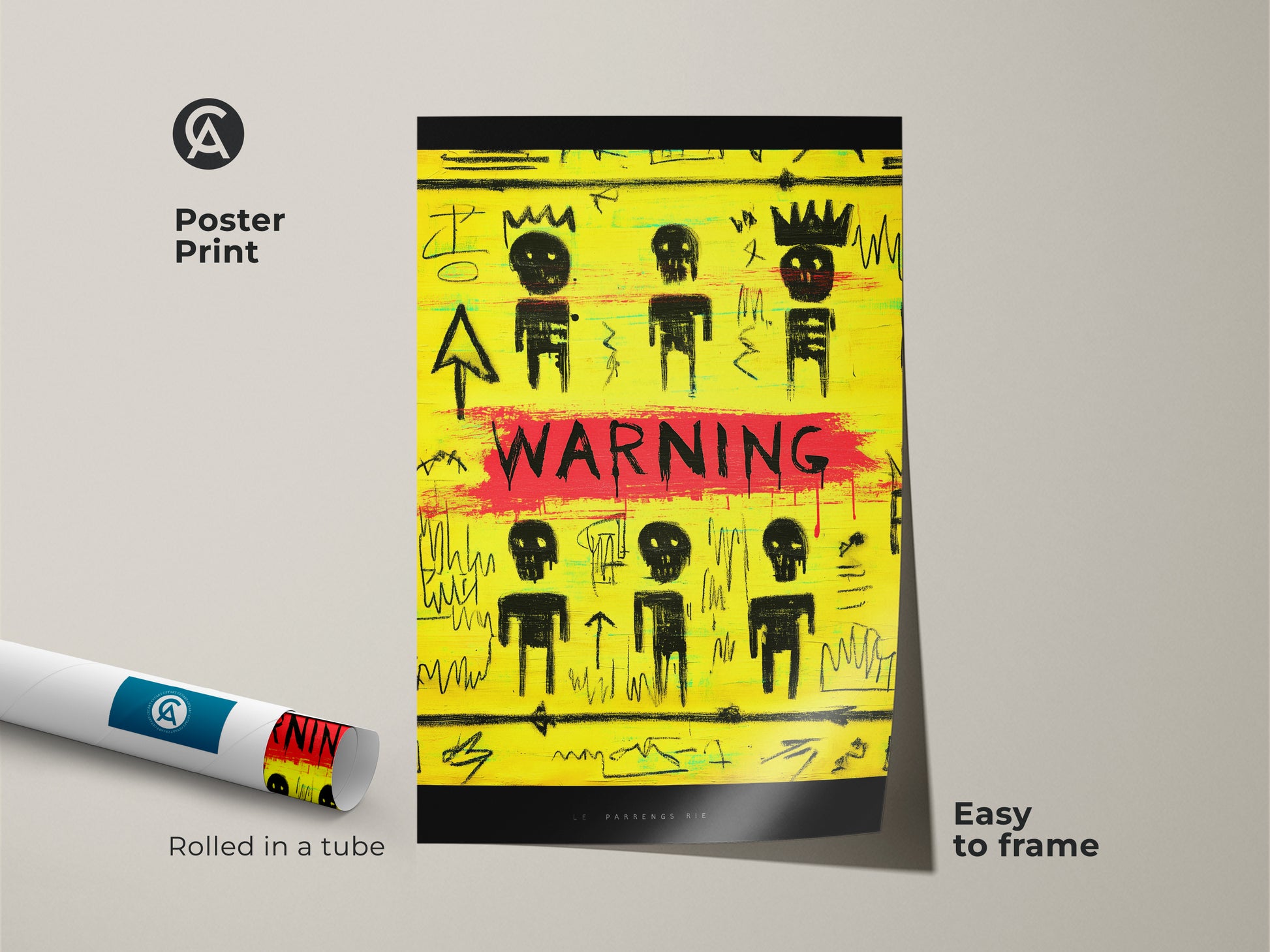 Poster print of abstract yellow black graffiti art. This neo-expressionism canvas features stick figure art. Rolled in a tube and easy to frame. It's a unique birthday gift idea for art enthusiasts. The warning sign art print adds a raw aesthetic.