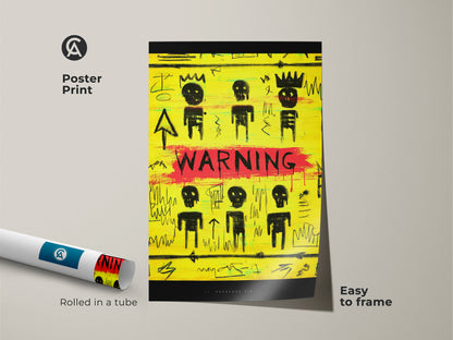 Poster print of abstract yellow black graffiti art. This neo-expressionism canvas features stick figure art. Rolled in a tube and easy to frame. It's a unique birthday gift idea for art enthusiasts. The warning sign art print adds a raw aesthetic.