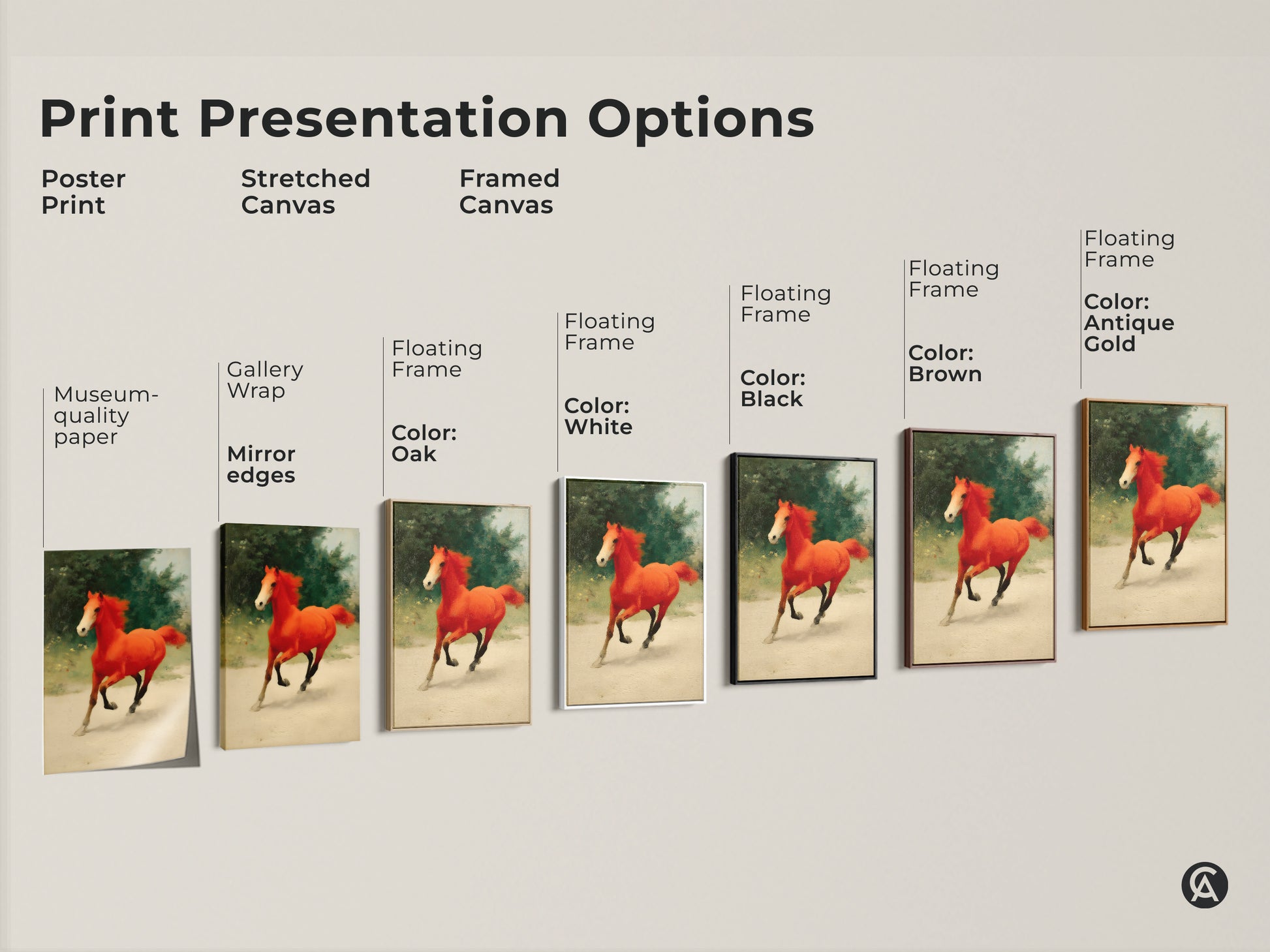 Explore print presentation options for the expressive orange horse canvas. Options include poster print stretched canvas and framed canvas. Choose from museum-quality paper gallery wrap or floating frames. Frame colors include white black brown oak and antique gold.