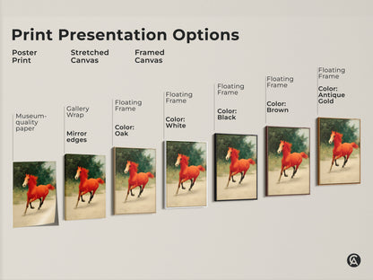 Explore print presentation options for the expressive orange horse canvas. Options include poster print stretched canvas and framed canvas. Choose from museum-quality paper gallery wrap or floating frames. Frame colors include white black brown oak and antique gold.