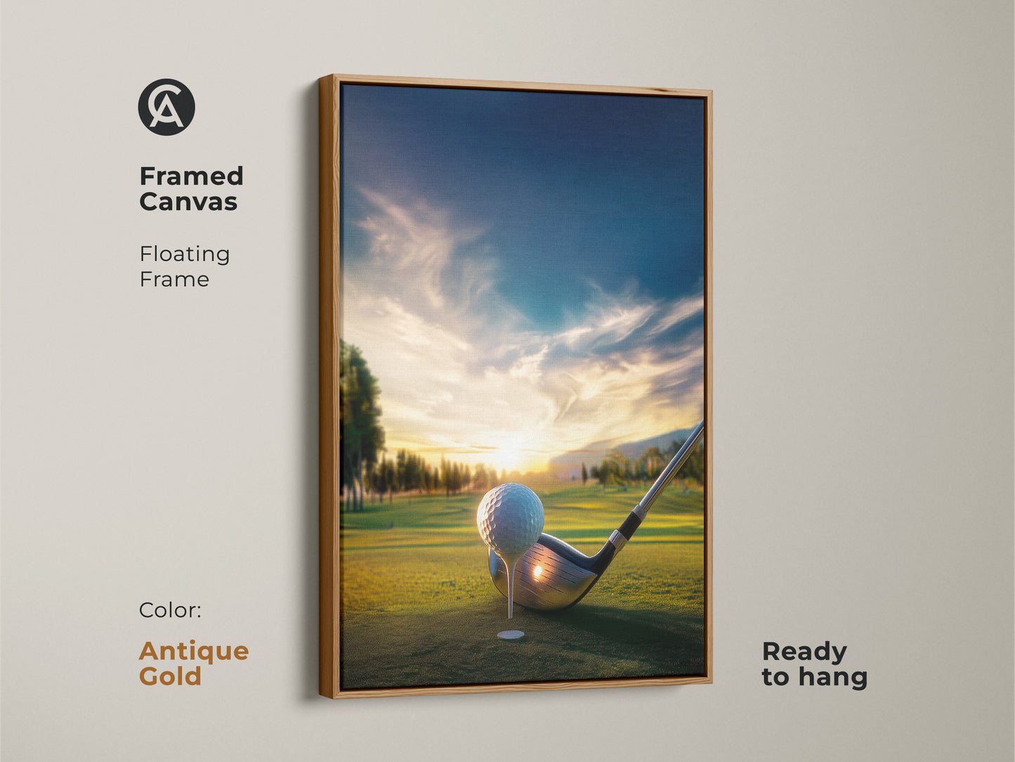 Antique gold framed canvas golf course artwork. Golf ball sits next to the club on the green. Sunset brings warmth to the scene. This framed artwork is ready to hang adding elegance to your decor.