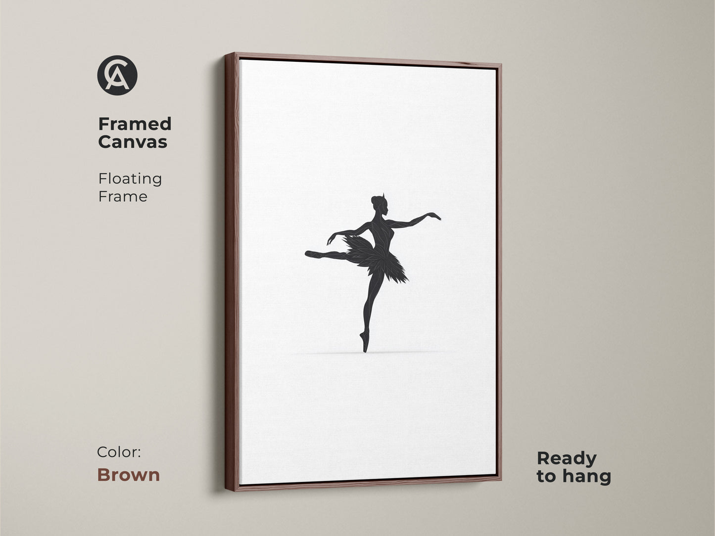 Framed in a brown floating frame this canvas presents minimalist black ballerina art. The artwork adds elegance to any room. This contemporary piece is perfect for modern home decor. It is a great gift for dancers and those who appreciate fine art and artistic ballet artwork.