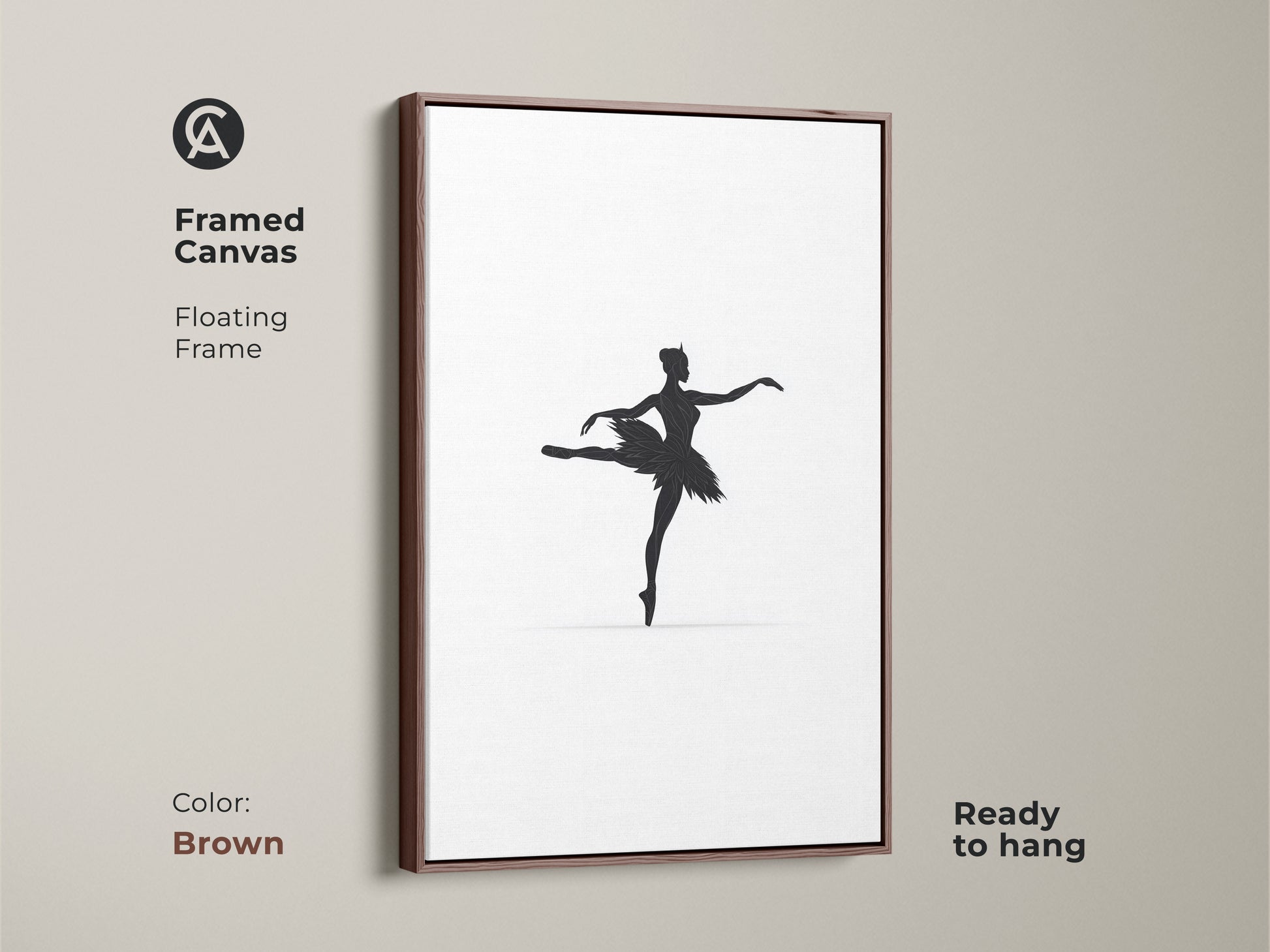 Framed in a brown floating frame this canvas presents minimalist black ballerina art. The artwork adds elegance to any room. This contemporary piece is perfect for modern home decor. It is a great gift for dancers and those who appreciate fine art and artistic ballet artwork.