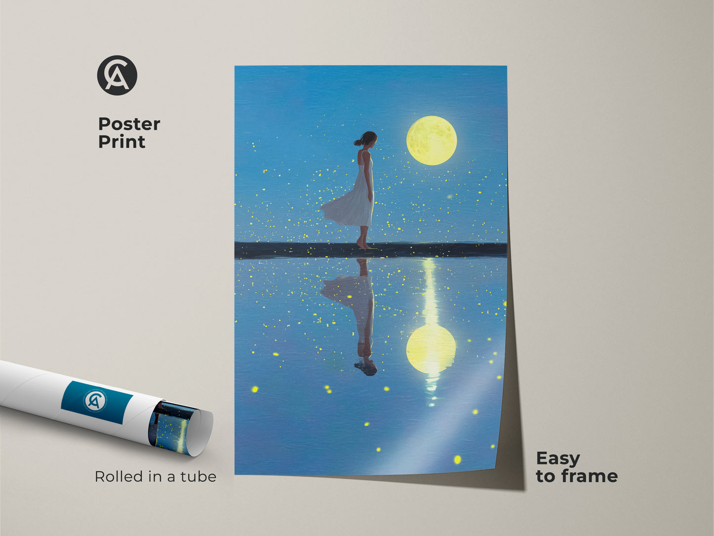 The poster print shows surreal woman moon art. It's an easy to frame artwork. The dreamy blue and yellow canvas has a figurative fantasy style. This nature inspired artwork brings celestial charm to any room.