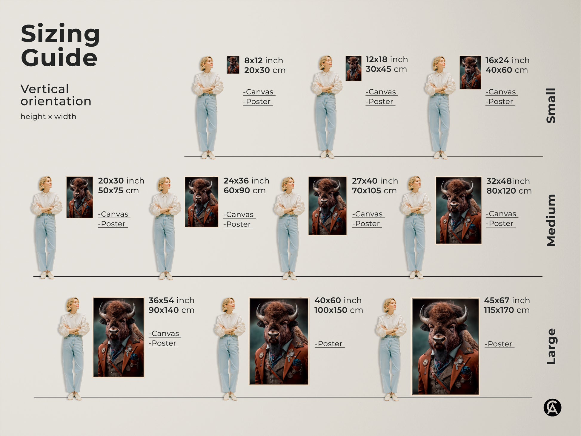 Sizing guide for the steampunk bison portrait. Vertical orientation height and width guide showcases the art in small medium and large sizes. The art is available as a canvas or poster. Visualize how each size fits in a living space. It is perfect for an eclectic study and office space.