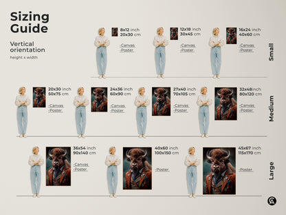 Sizing guide for the steampunk bison portrait. Vertical orientation height and width guide showcases the art in small medium and large sizes. The art is available as a canvas or poster. Visualize how each size fits in a living space. It is perfect for an eclectic study and office space.