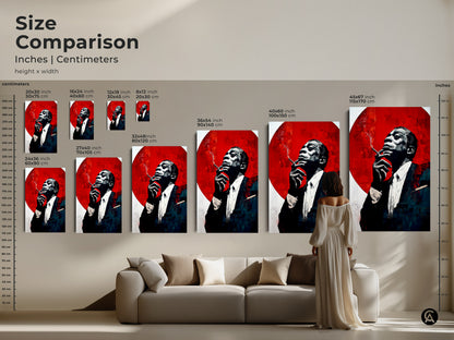 Size comparison of jazz musician wall art in inches and cm. Canvas and poster options are available. Visualize how the art looks above a couch to help you choose the perfect sizes for black crimson and white art.