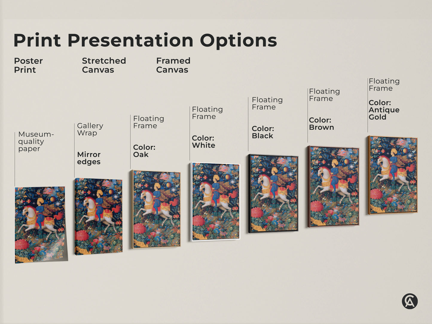 Print presentation options for fantasy knight wall art. Options include poster print stretched canvas and framed canvas. Museum-quality paper and mirror edges. Frame colors include black brown antique gold and white. Find the perfect style for your home.