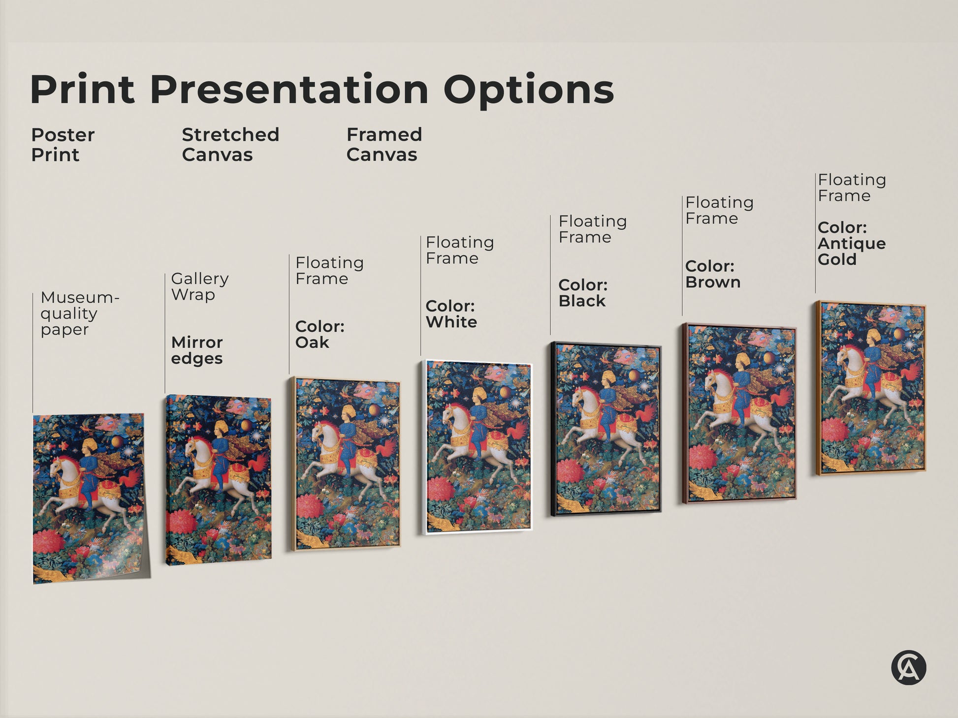 Print presentation options for fantasy knight wall art. Options include poster print stretched canvas and framed canvas. Museum-quality paper and mirror edges. Frame colors include black brown antique gold and white. Find the perfect style for your home.