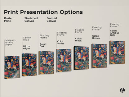 Print presentation options for fantasy knight wall art. Options include poster print stretched canvas and framed canvas. Museum-quality paper and mirror edges. Frame colors include black brown antique gold and white. Find the perfect style for your home.