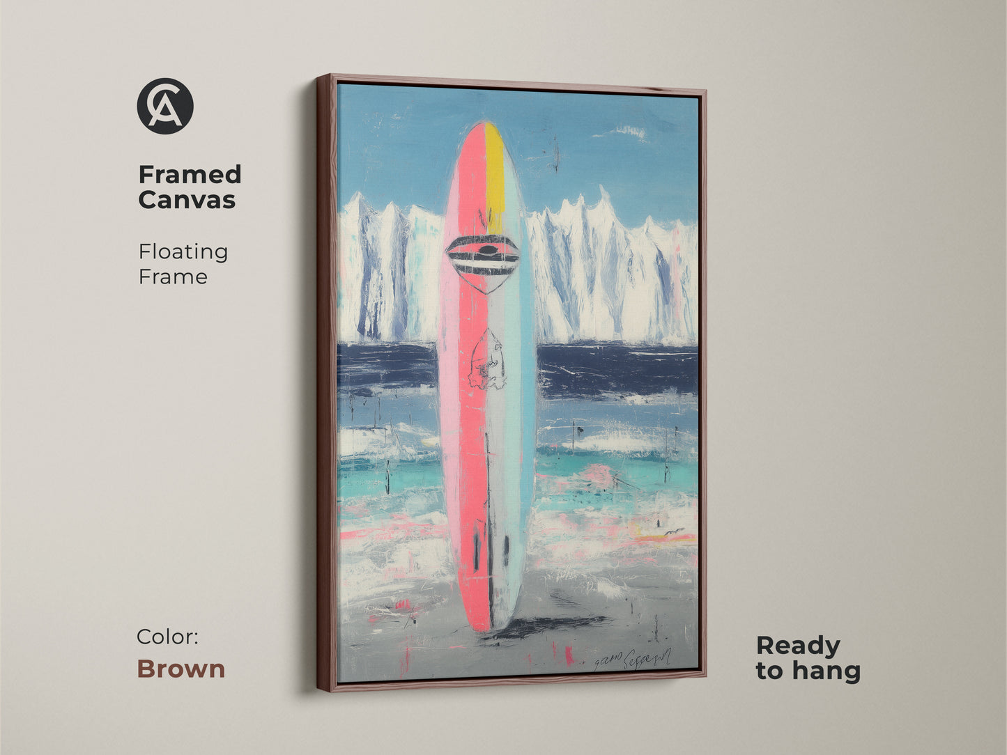 Framed canvas with a brown floating frame. Displays abstract surfboard artwork. Coastal art with pink blue and teal tones. Ready to hang for instant summer style.