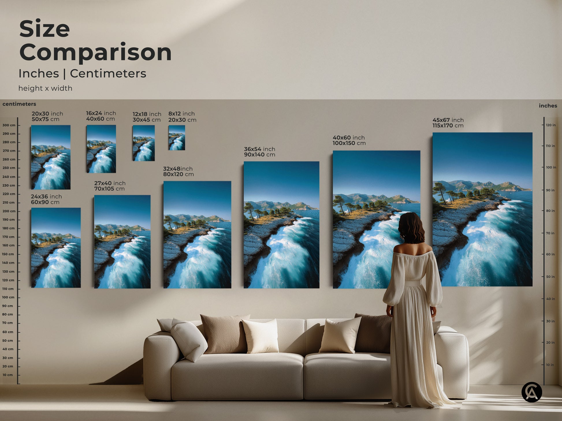 Size Comparison of Ocean Cliff Art. See inches and centimeters for canvas and poster prints. This deep blue sea art with pine trees is perfect for coastal home decor.