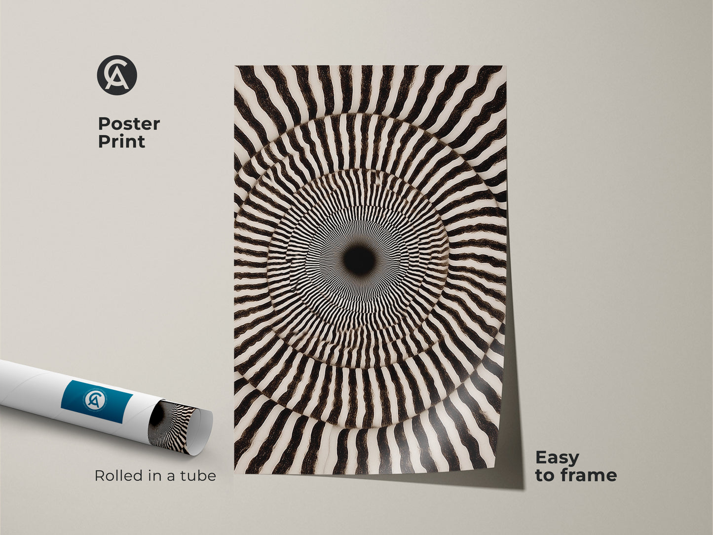 Poster Print of Op Art Concentric Circles. This psychedelic swirl art piece features abstract geometric shapes. Rolled in a tube and easy to frame. Perfect as a unique wall decor or as a gift. This monochrome print will enhance any space.