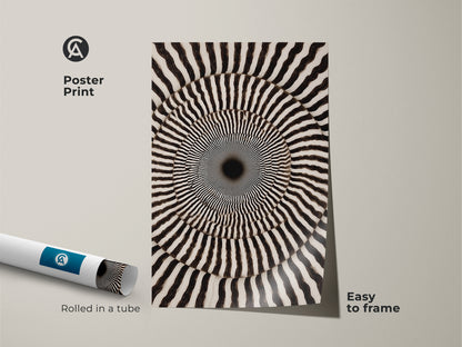 Poster Print of Op Art Concentric Circles. This psychedelic swirl art piece features abstract geometric shapes. Rolled in a tube and easy to frame. Perfect as a unique wall decor or as a gift. This monochrome print will enhance any space.
