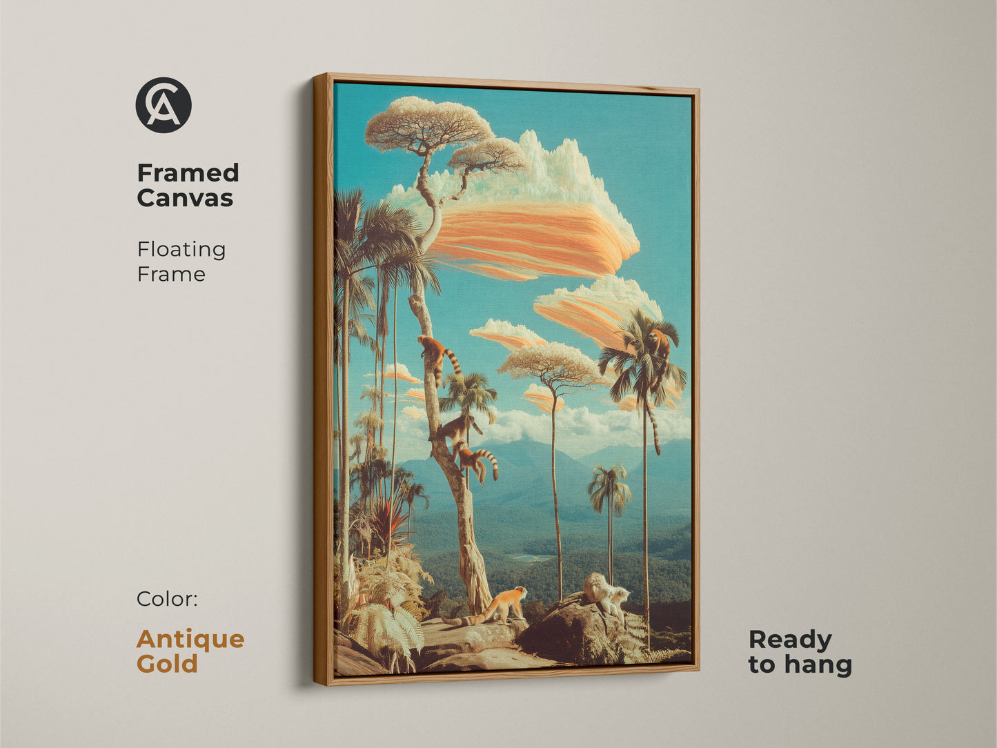 Antique Gold Framed Canvas featuring a retro lemur & exotic trees art print. This colorful animal wall hanging is ideal for bohemian eclectic decor. This surreal lemur canvas art is a conversation starter wall art. Ready to hang.