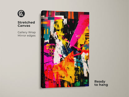 Stretched canvas gallery wrap of an abstract painting. Mirror edges enhance the colorful artwork. The canvas is ready to hang. This bold piece brings modern style to your space.