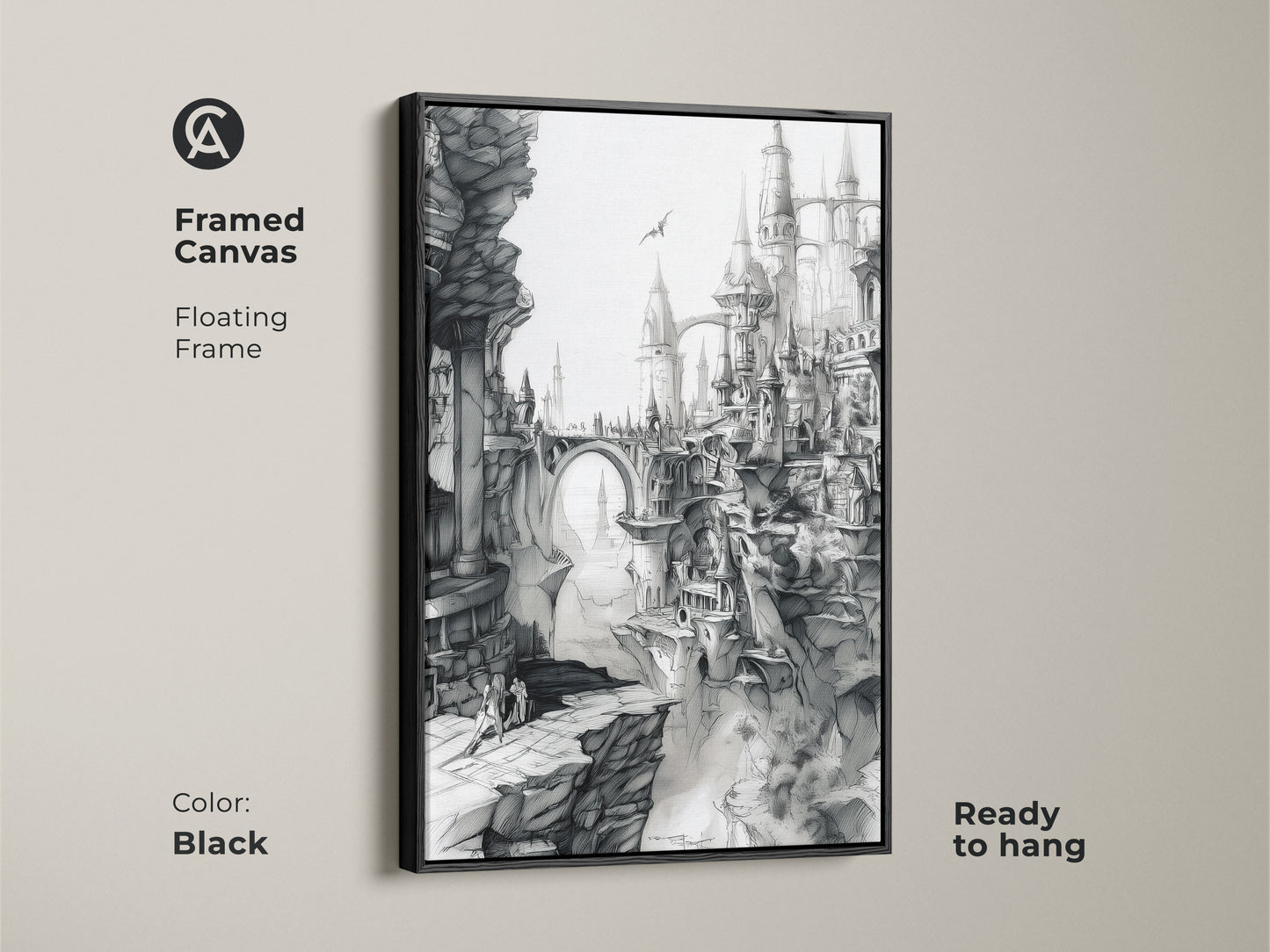 Black framed canvas featuring fantasy city artwork. This floating frame art print comes ready to hang. The black and white art showcases gothic architecture and a dramatic landscape. Ideal for home decor. Order now.