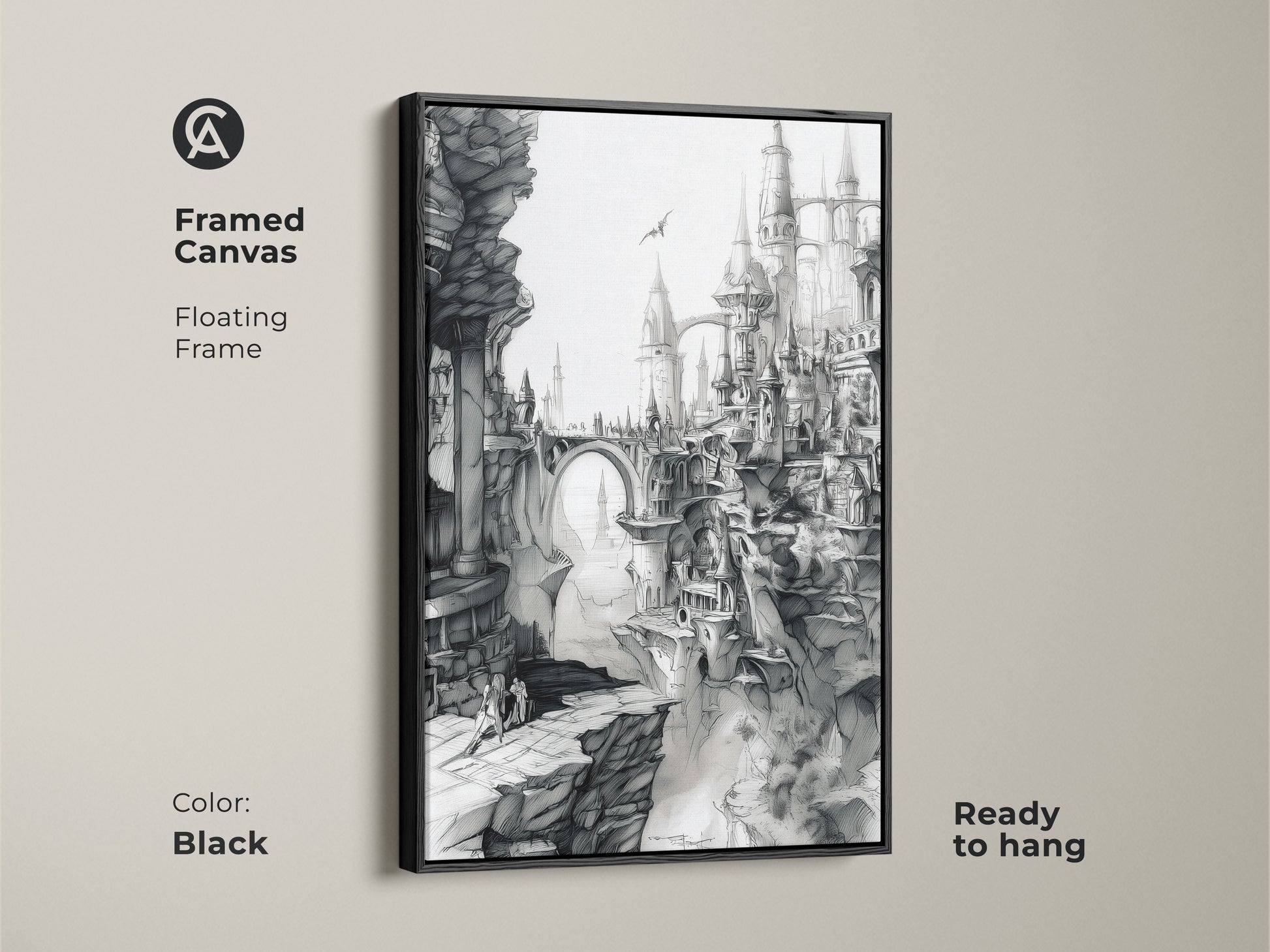 Black framed canvas featuring fantasy city artwork. This floating frame art print comes ready to hang. The black and white art showcases gothic architecture and a dramatic landscape. Ideal for home decor. Order now.