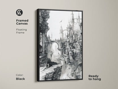 Black framed canvas featuring fantasy city artwork. This floating frame art print comes ready to hang. The black and white art showcases gothic architecture and a dramatic landscape. Ideal for home decor. Order now.