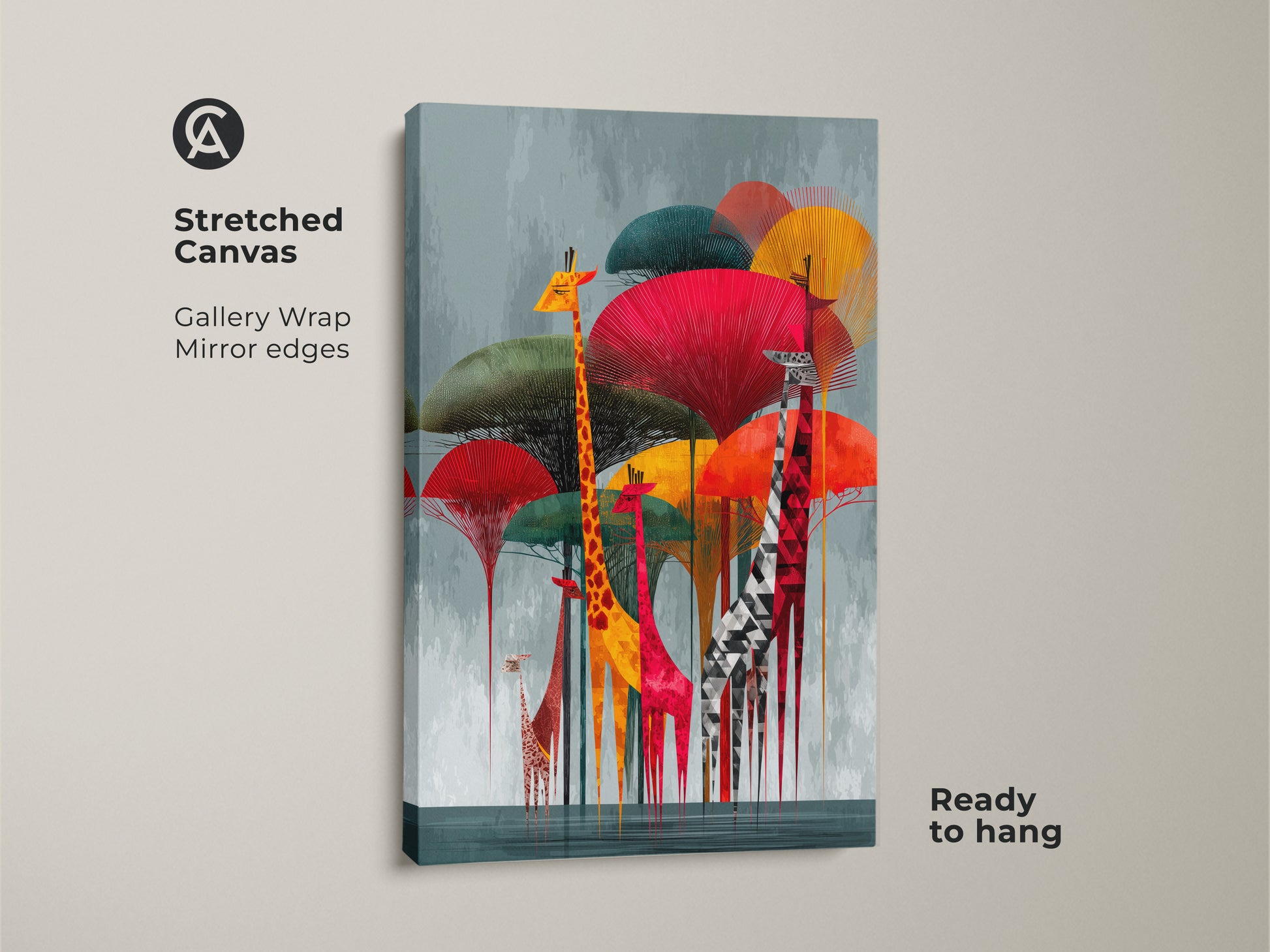 Stretched canvas of a Geometric Giraffe artwork with a modern folk art style. The gallery wrap has mirrored edges and is ready to hang. This abstract animal print features a colorful safari scene in reds yellows and teal. Perfect eclectic bedroom art for wildlife art lovers.