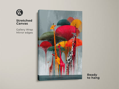 Stretched canvas of a Geometric Giraffe artwork with a modern folk art style. The gallery wrap has mirrored edges and is ready to hang. This abstract animal print features a colorful safari scene in reds yellows and teal. Perfect eclectic bedroom art for wildlife art lovers.