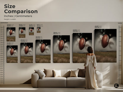 See the size comparison for this dynamic football artwork. It is available in multiple sizes. This sports action art is perfect for adding an athletic touch to any space. It makes a thoughtful gift for football enthusiasts. This modern piece enhances any living room or office.