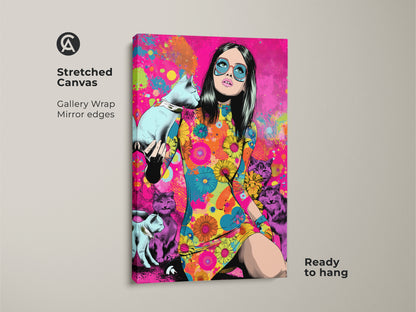 A stretched canvas print showcases a retro woman with cats in a psychedelic pop art style. The gallery wrap ensures mirror edges. This ready-to-hang artwork adds a groovy touch to any room with its pink and blue hues.