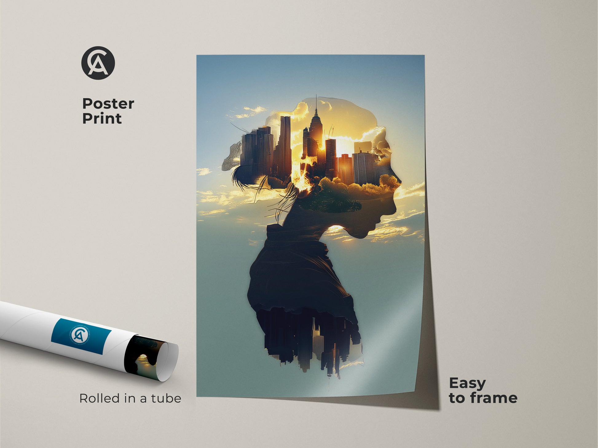 Poster print of a double exposure cityscape. A surreal female profile art blends with a golden hour city skyline. This contemporary artwork is easy to frame. The rolled in a tube modern art is perfect for home office art. The urban landscape is perfect as bedroom decor.
