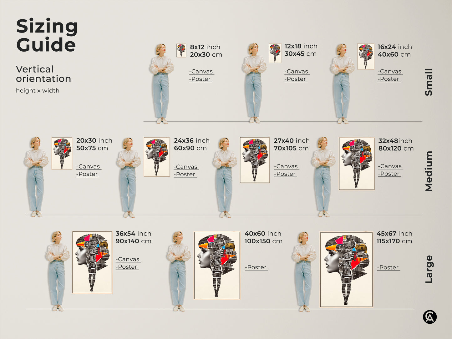 Sizing guide for Abstract Woman Portrait art. See vertical orientation options in small medium and large sizes. Choose canvas or poster prints for urban collage mixed media artwork. Perfect contemporary wall decor.