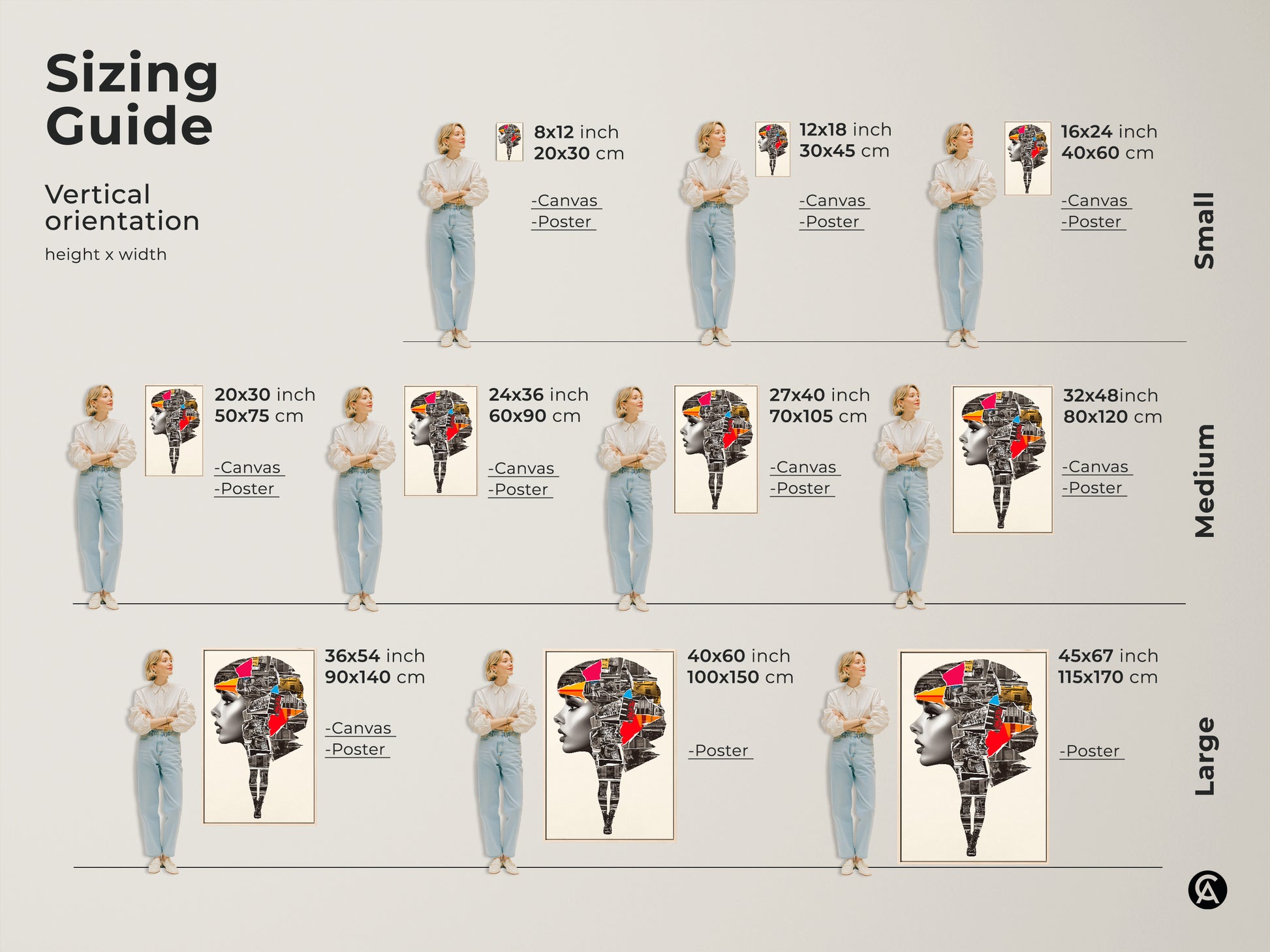 Sizing guide for Abstract Woman Portrait art. See vertical orientation options in small medium and large sizes. Choose canvas or poster prints for urban collage mixed media artwork. Perfect contemporary wall decor.