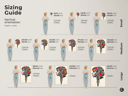 Sizing guide for Abstract Woman Portrait art. See vertical orientation options in small medium and large sizes. Choose canvas or poster prints for urban collage mixed media artwork. Perfect contemporary wall decor.