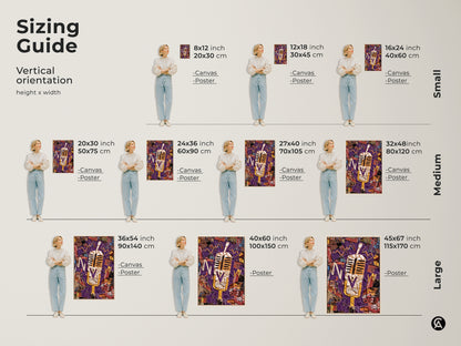Sizing guide for abstract music collage wall art. See how the canvas and poster prints look in vertical orientations. Sizes range from small to large with a retro microphone print. Visualize the purple and yellow sound wave artwork in 8x12 inch to 45x67 inch dimensions.