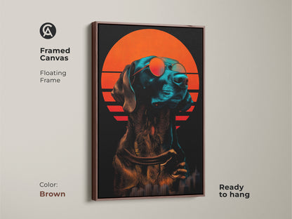 Framed canvas of synthwave dog wall art. It features a brown floating frame. The cool dog artwork shows an orange sunset cityscape. Perfect dog lover birthday gift ready to hang.