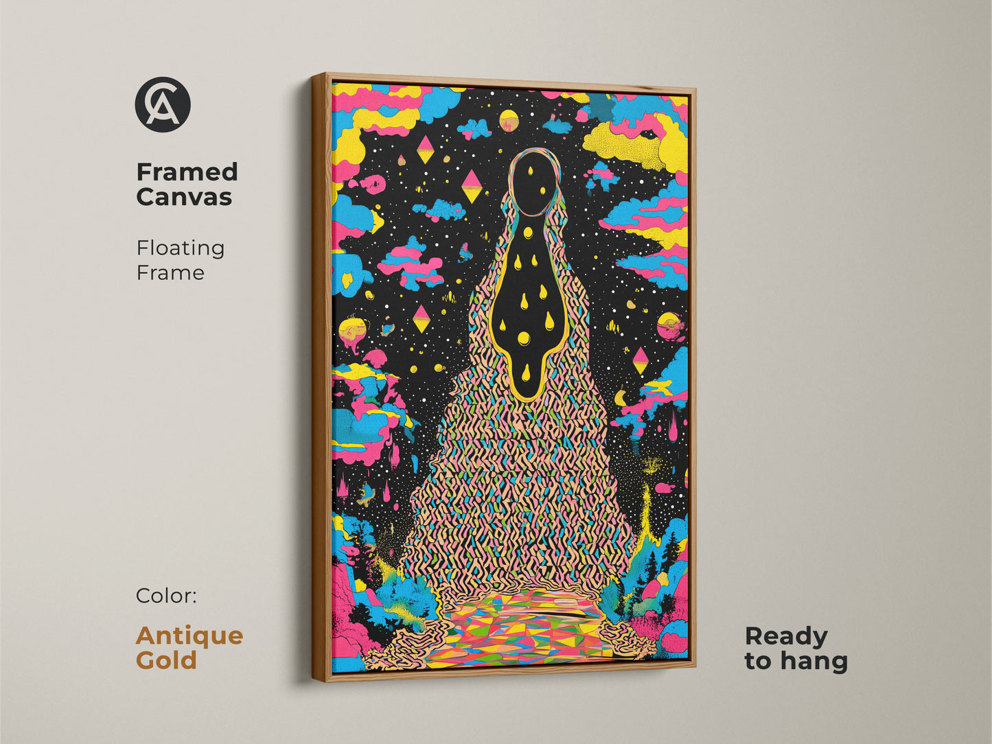 Framed canvas of psychedelic wall art in an antique gold floating frame.  The abstract landscape print displays surreal cosmic art. The colorful figure art is ready to hang making it ideal for eclectic home decor. The yellow blue and black canvas art adds a unique touch. Its a vibrant cosmic art print.
