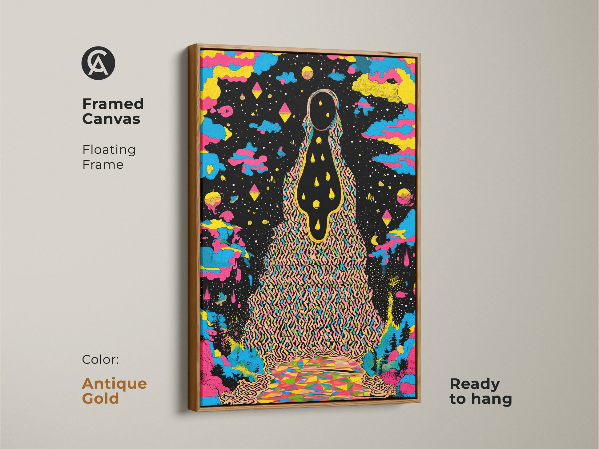 Framed canvas of psychedelic wall art in an antique gold floating frame.  The abstract landscape print displays surreal cosmic art. The colorful figure art is ready to hang making it ideal for eclectic home decor. The yellow blue and black canvas art adds a unique touch. Its a vibrant cosmic art print.