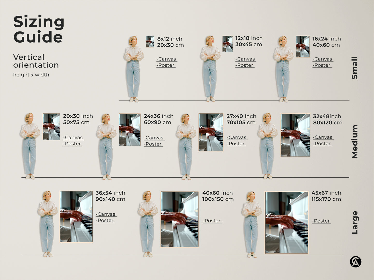 Sizing guide for piano canvas and poster prints. The image shows vertical orientation options. Various sizes are available to fit your space. Each features hands playing a white grand piano. Find the perfect size for your wall art