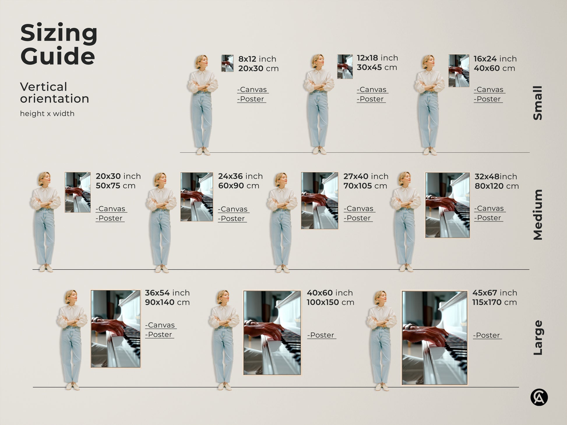 Sizing guide for piano canvas and poster prints. The image shows vertical orientation options. Various sizes are available to fit your space. Each features hands playing a white grand piano. Find the perfect size for your wall art