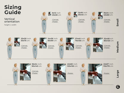 Sizing guide for piano canvas and poster prints. The image shows vertical orientation options. Various sizes are available to fit your space. Each features hands playing a white grand piano. Find the perfect size for your wall art