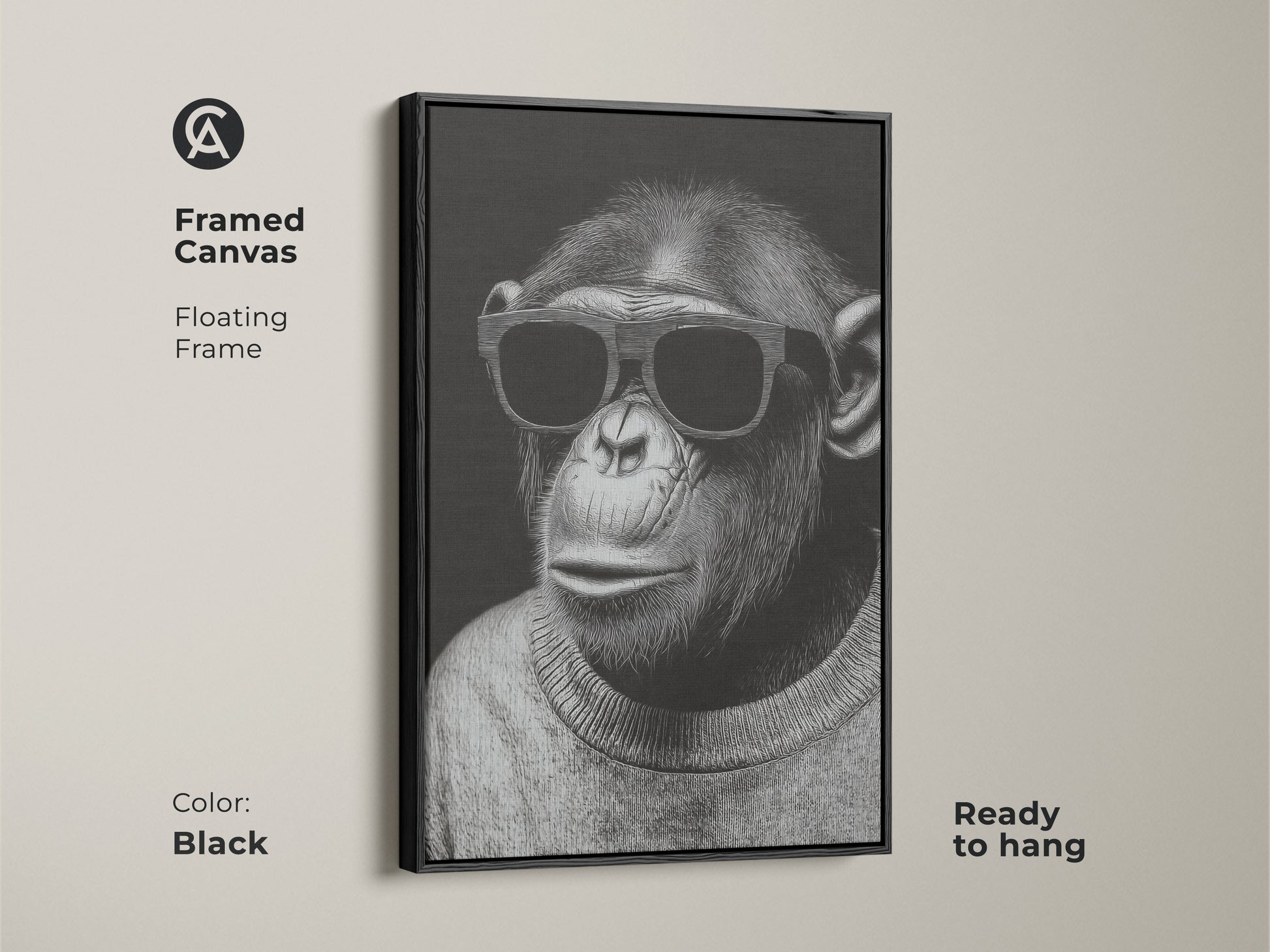 Framed canvas showcasing a chimpanzee wearing sunglasses. The floating frame is black and ready to hang. This minimalist art is a monochrome animal portrait. It is stylish chimpanzee art for a modern office. The contemporary animal art adds personality to any space.