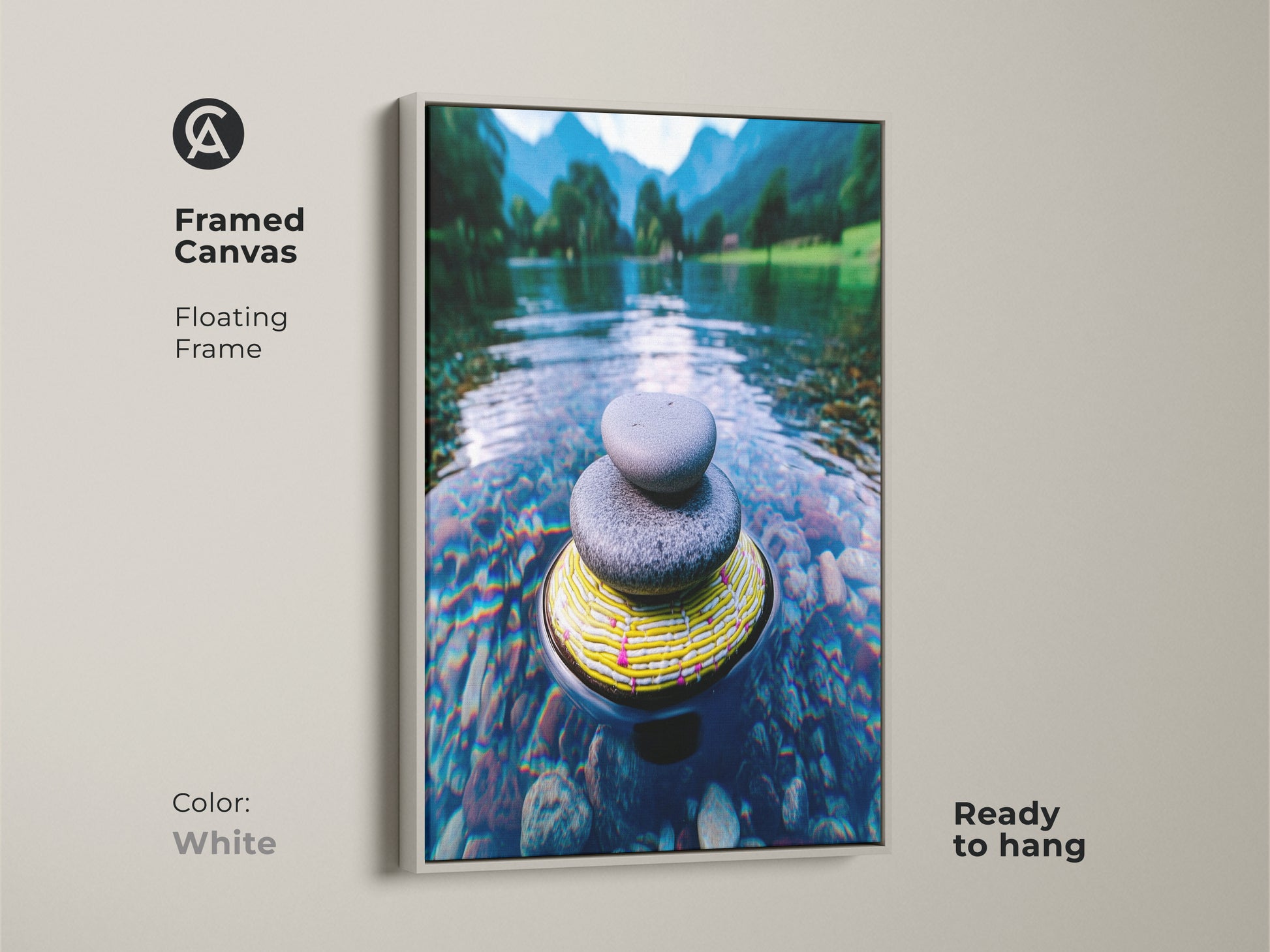 This framed canvas features Zen stone artwork in a white floating frame. The minimalist nature canvas comes ready to hang. This blue green mountain landscape is a spiritual zen wall hanging. Displaying peaceful river scene artwork.
