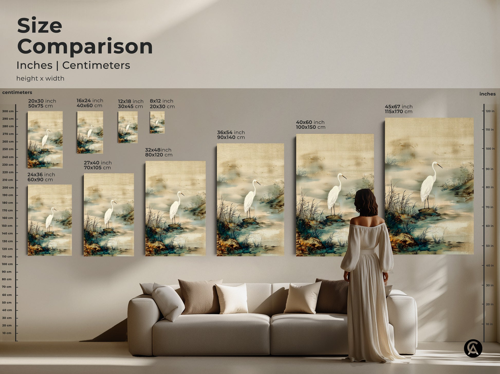 Size comparison showing an Egret bird art print above a sofa. Japandi style wall art in minimalist landscape style. A serene bird canvas art print. Enhance your living room with nature artwork.
