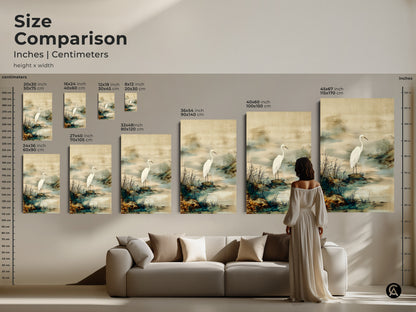 Size comparison showing an Egret bird art print above a sofa. Japandi style wall art in minimalist landscape style. A serene bird canvas art print. Enhance your living room with nature artwork.