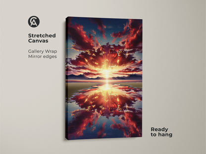A stretched canvas print displays a vibrant sunset over mountains. This nature landscape print features a dramatic sky wall art. The gallery wrap with mirror edges is ready to hang.