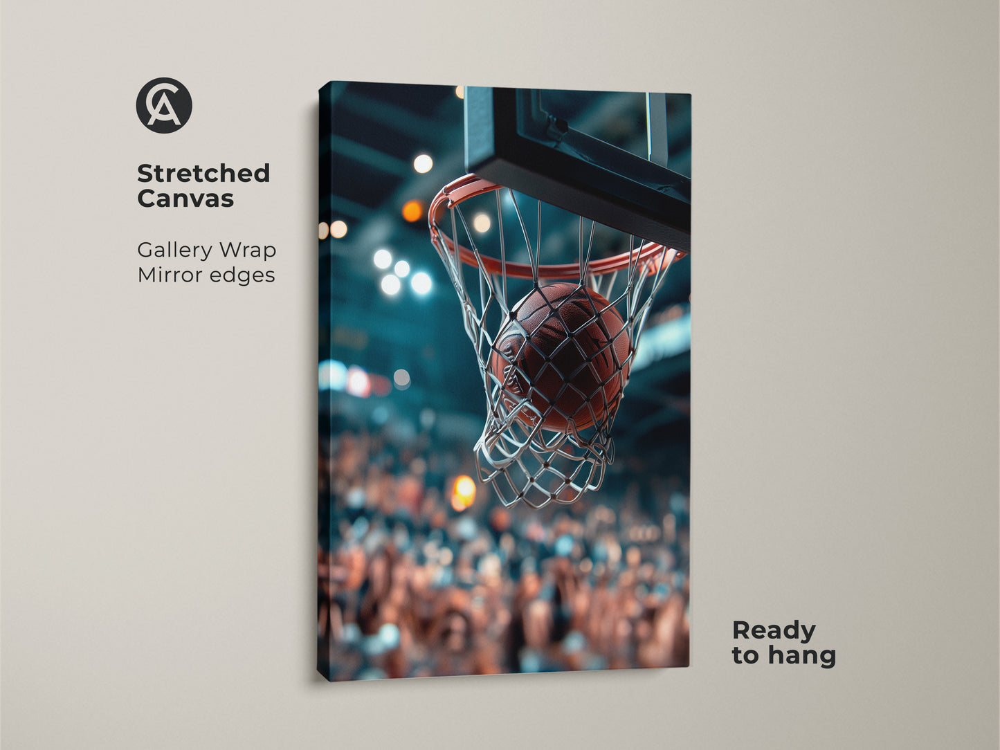 Stretched canvas art featuring a basketball going through a net. This gallery-wrapped canvas has mirror edges. It is ready to hang. The background shows a blurred crowd. Get this art to add a sporty touch to your space.