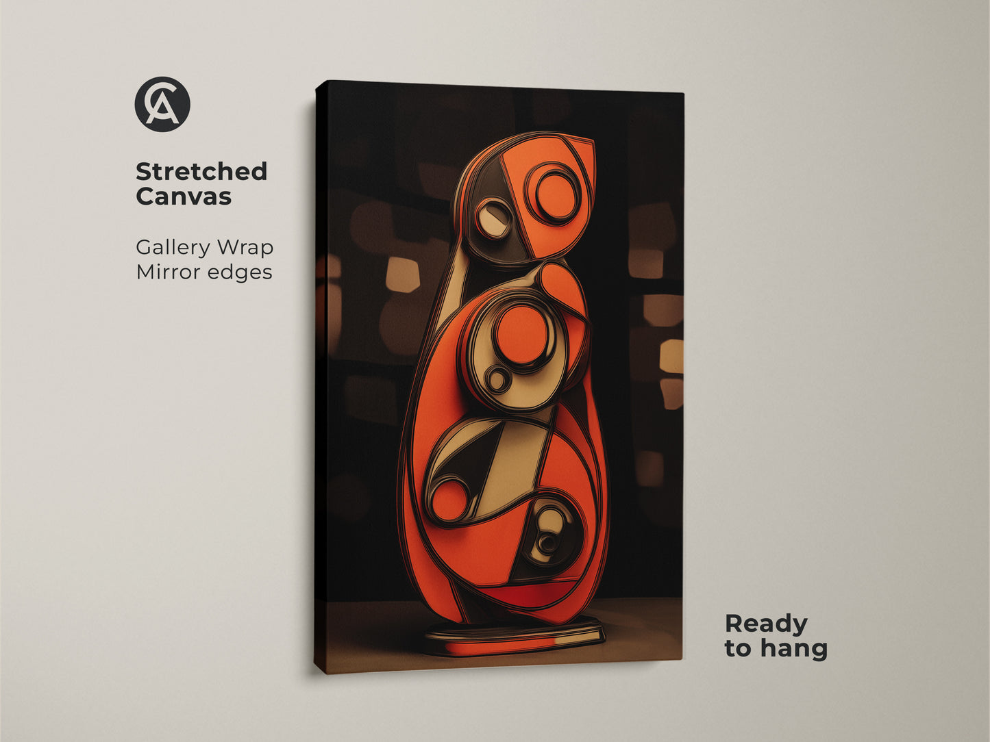 Striking geometric shapes canvas print. It showcases an abstract design with orange and blue colors. This modern office wall art brings a dynamic feel. A perfect contemporary living room decor piece. The abstract shapes print enhances any home.