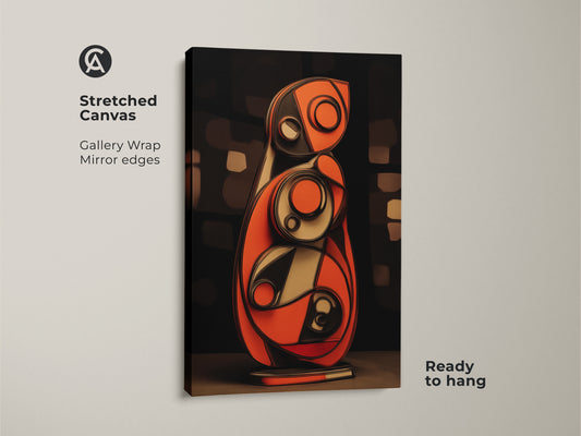 Striking geometric shapes canvas print. It showcases an abstract design with orange and blue colors. This modern office wall art brings a dynamic feel. A perfect contemporary living room decor piece. The abstract shapes print enhances any home.