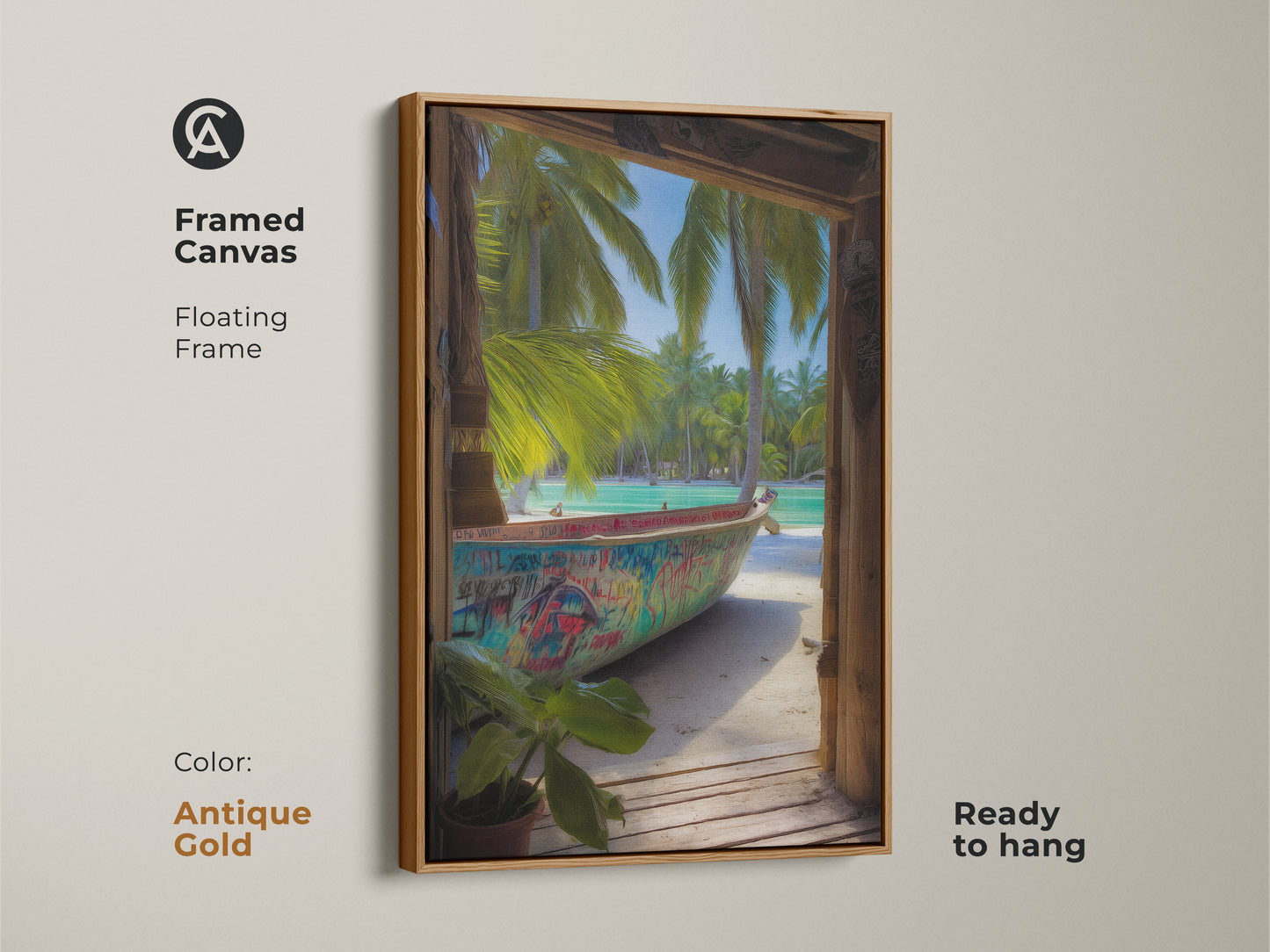 A framed canvas in antique gold features vibrant tropical art with a graffiti boat. Aqua and turquoise colors create a boho vibe. Add travel-inspired artwork to your home.